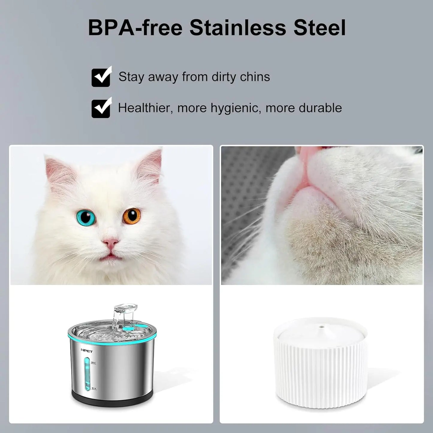 Cat Water Fountain Stainless Steel โ 50oz/1.5L Dishwasher Safe Pet Water Dispenser with LED Light & Visible Window