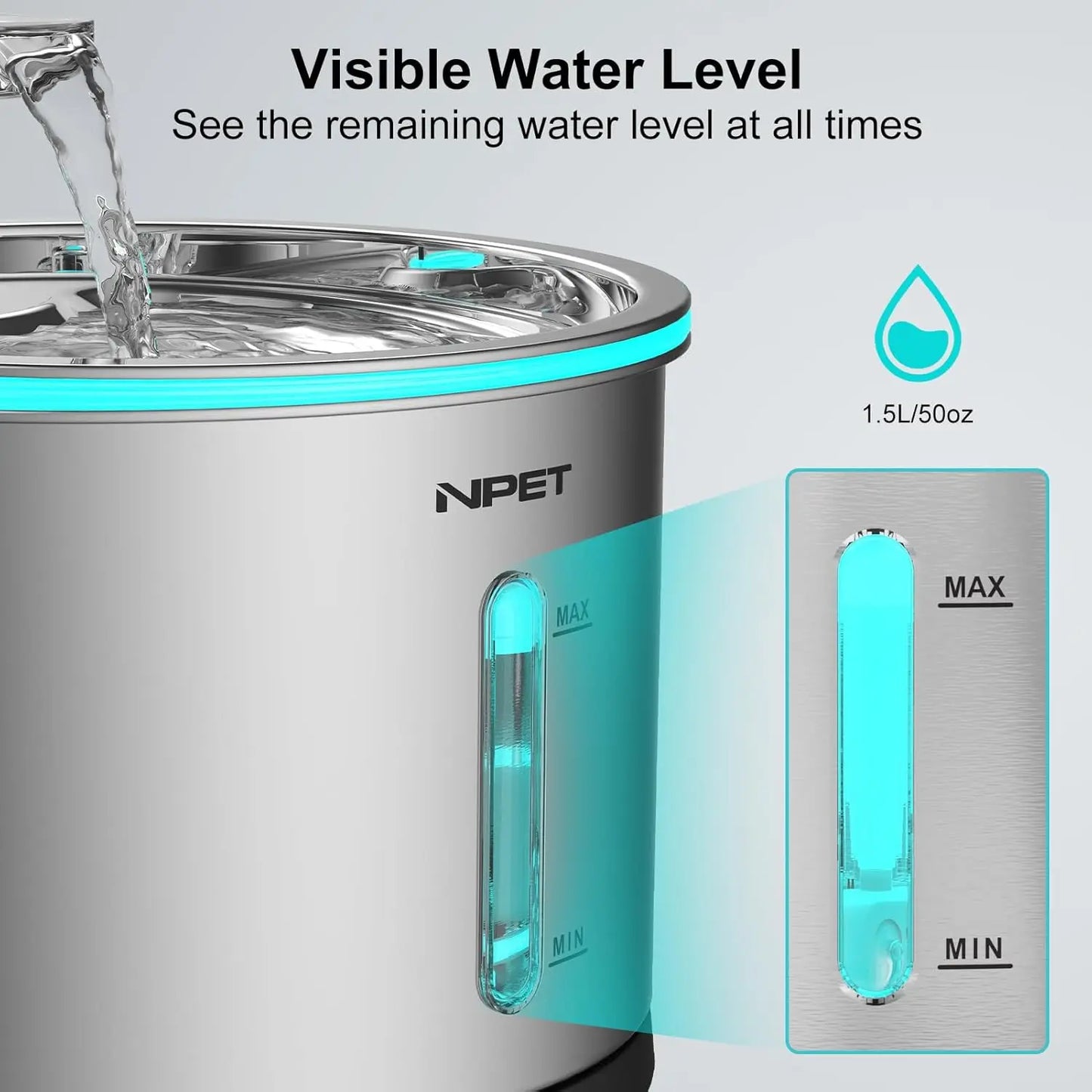 Cat Water Fountain Stainless Steel โ 50oz/1.5L Dishwasher Safe Pet Water Dispenser with LED Light & Visible Window