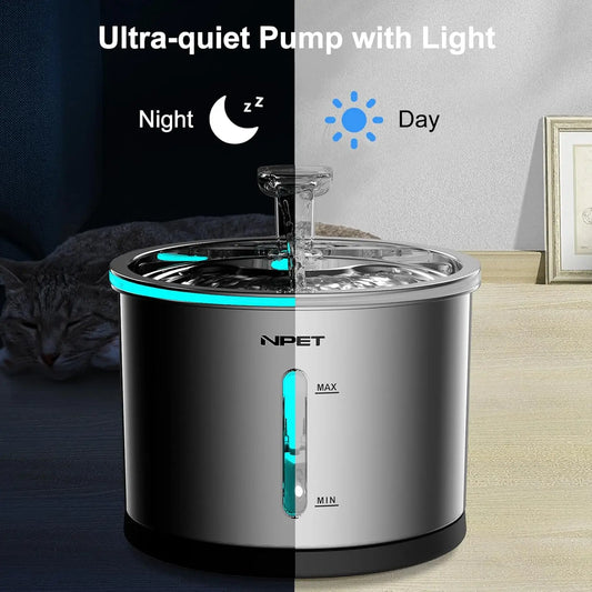 Cat Water Fountain Stainless Steel – 50oz/1.5L Dishwasher Safe Pet Water Dispenser with LED Light & Visible Window